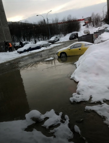 Северяне пожаловались на непроходимое препятствие во дворе в Мурманске Лужа