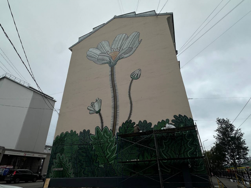 Дом в Мурманске обложили мозаикой Цветок